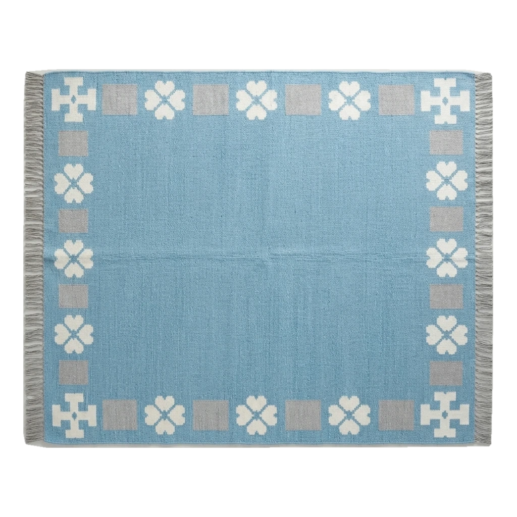 Powder Blue Cotton Flat Weave Rug with Ivory Clover Border - alternate view