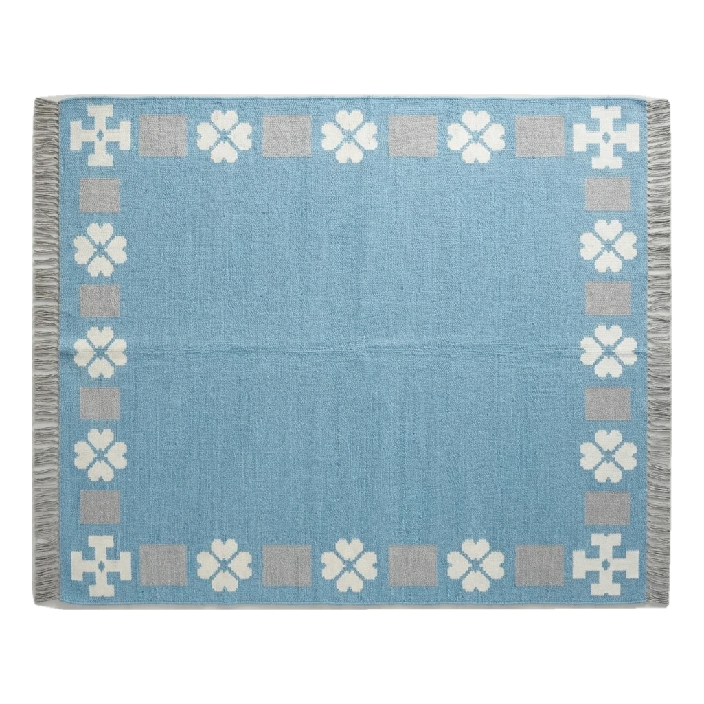 Powder Blue Cotton Flat Weave Rug with Ivory Clover Border - alternate view