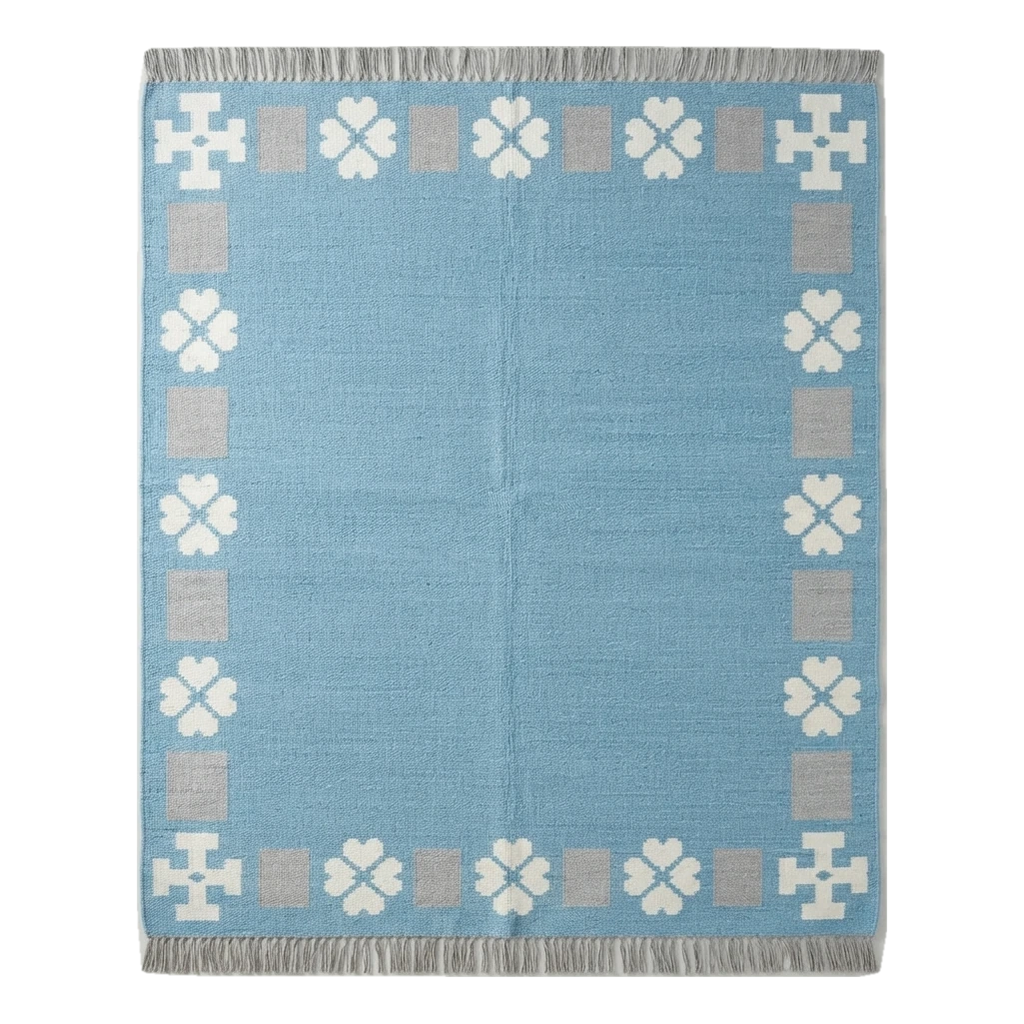 Powder Blue Cotton Flat Weave Rug with Ivory Clover Border