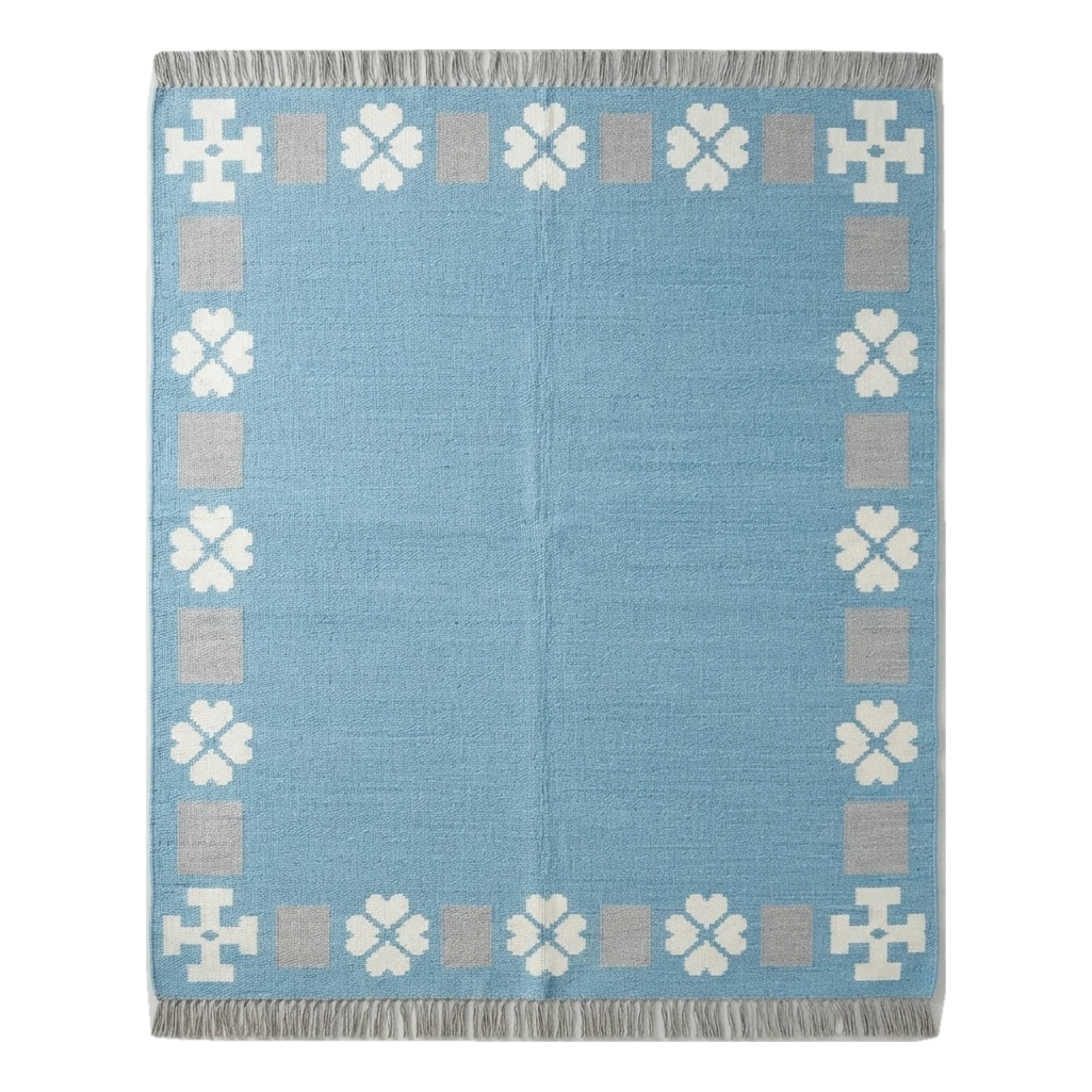Powder Blue Cotton Flat Weave Rug with Ivory Clover Border