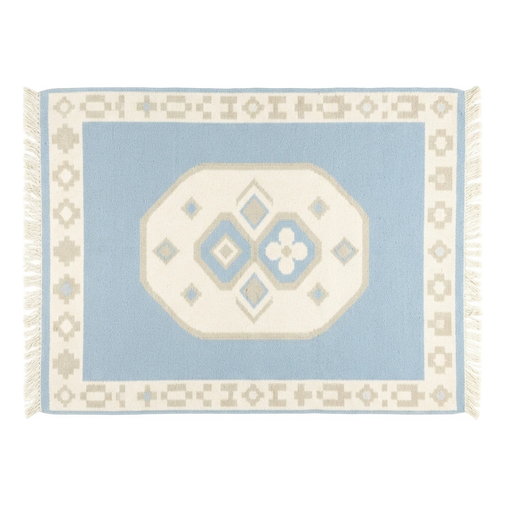 Powder Blue Cotton Flat Weave Rug with Ivory Octagon Medallion - alternate view