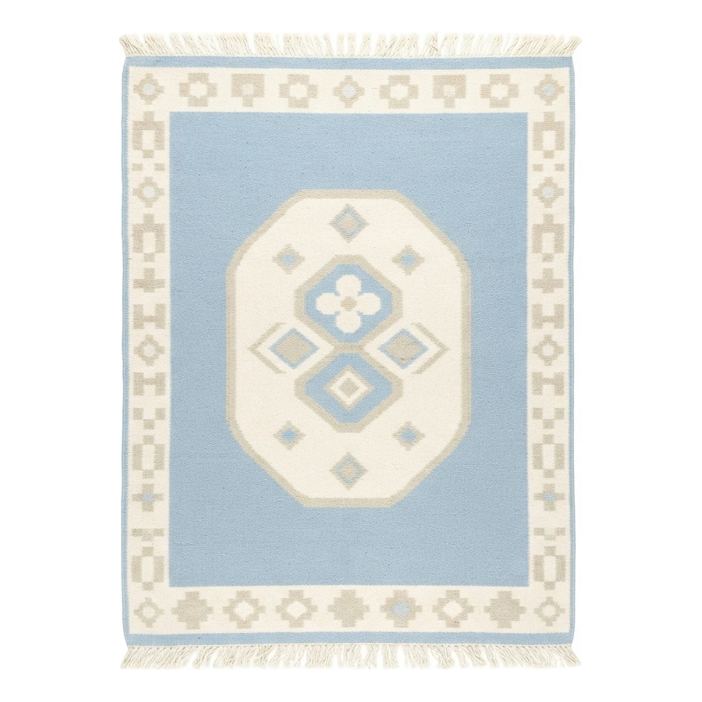 Powder Blue Cotton Flat Weave Rug with Ivory Octagon Medallion