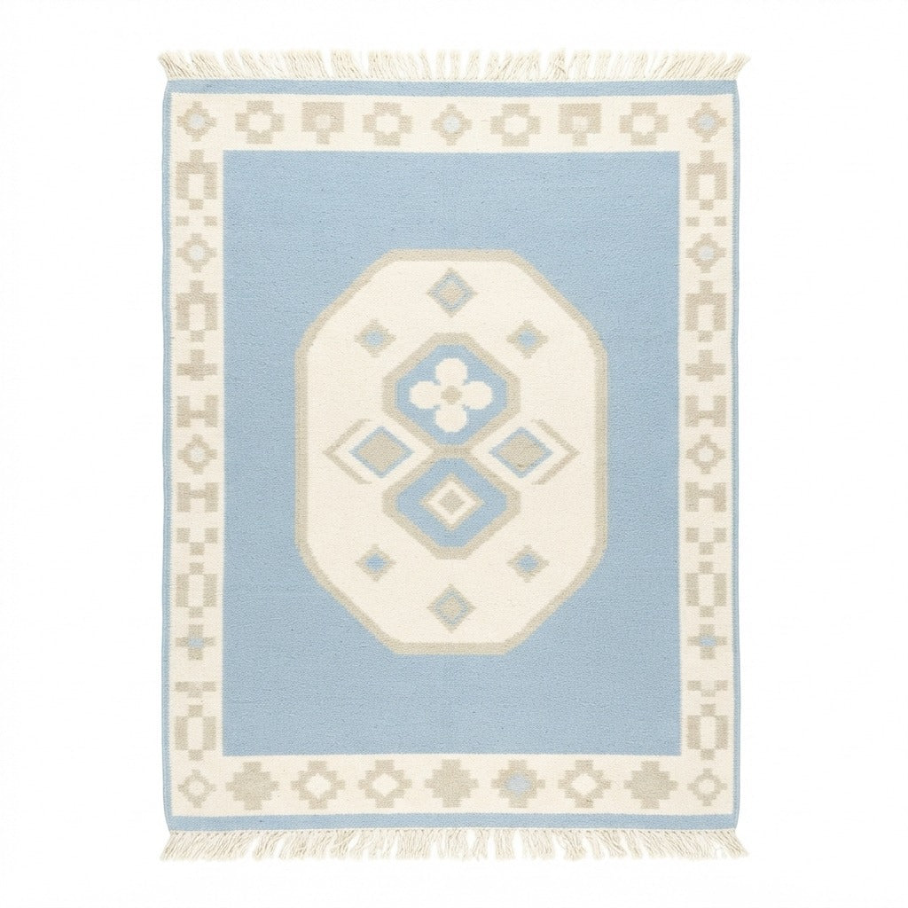 Powder Blue Cotton Flat Weave Rug with Ivory Octagon Medallion - studio photo