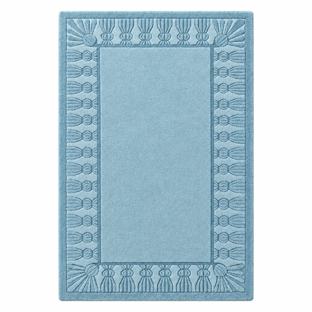 Powder Blue Hand-Tufted Rug with Carved Fan Tassel Border