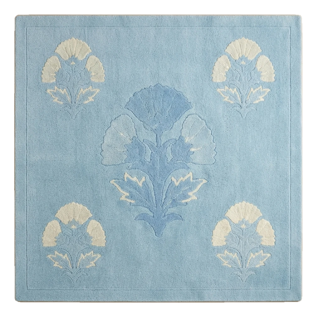 Powder Blue Hand-Tufted Rug with Cream and Cornflower Poppy Motifs