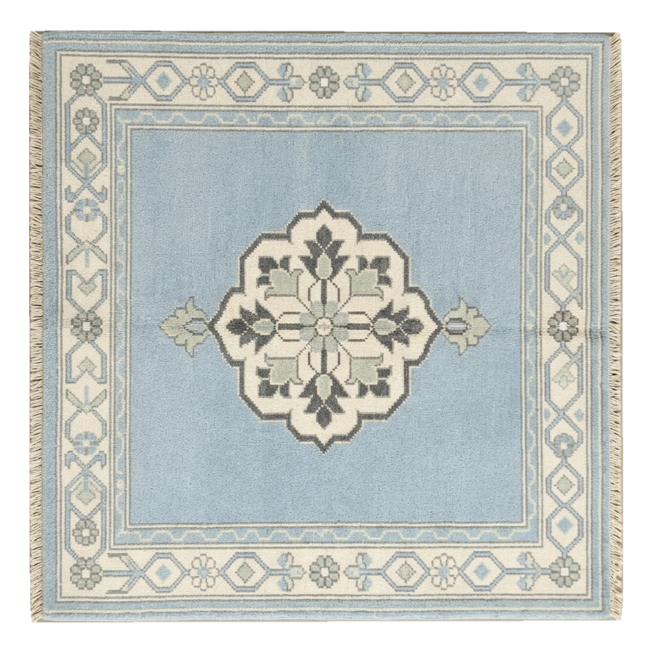Powder Blue Square Hand-Knotted Rug with Ivory Floral Border and Grey Medallion - alternate view