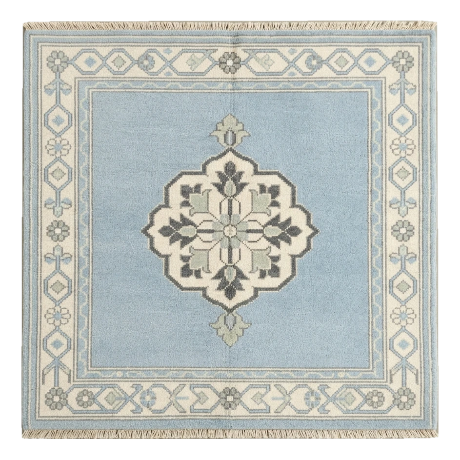 Powder Blue Square Hand-Knotted Rug with Ivory Floral Border and Grey Medallion