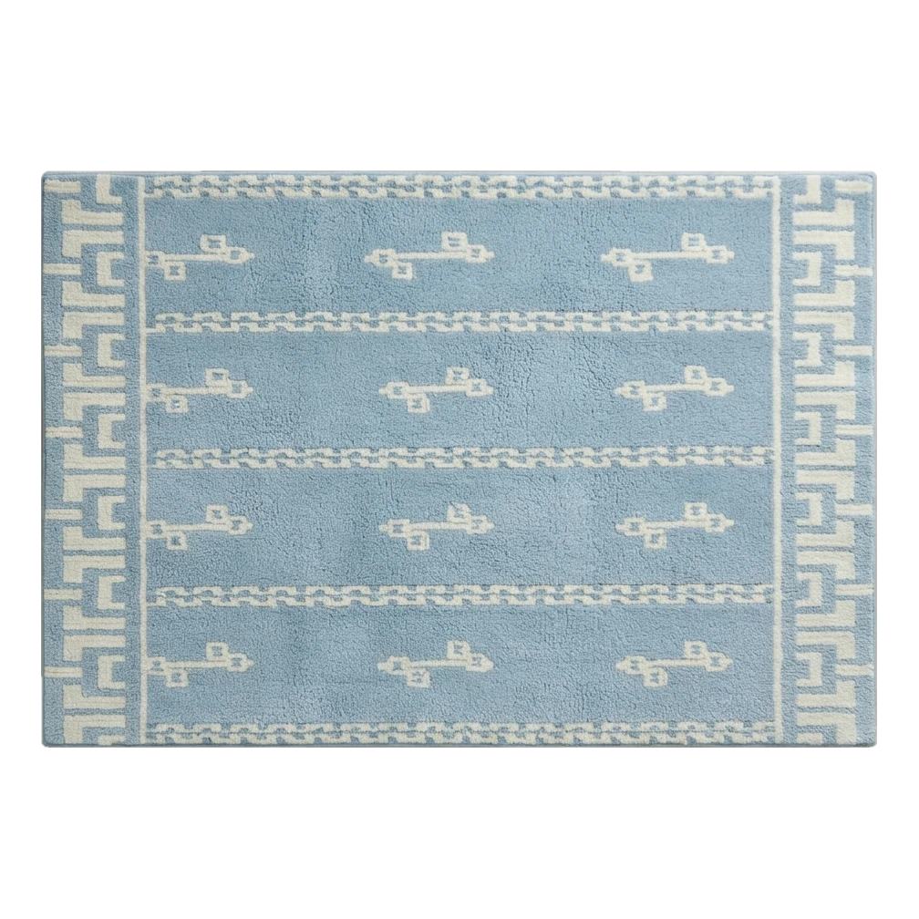 Powder Blue Striped Hand-Tufted Rug with Cream Glyph Motifs - alternate view