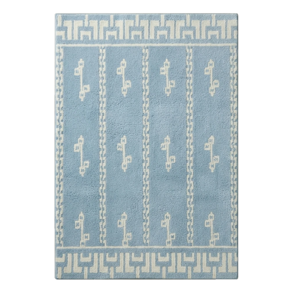 Powder Blue Striped Hand-Tufted Rug with Cream Glyph Motifs
