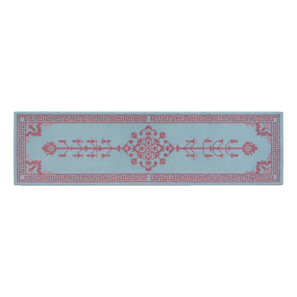 Powder Blue Tree of Life Hand-Tufted Runner with Rose Fret Border - alternate view