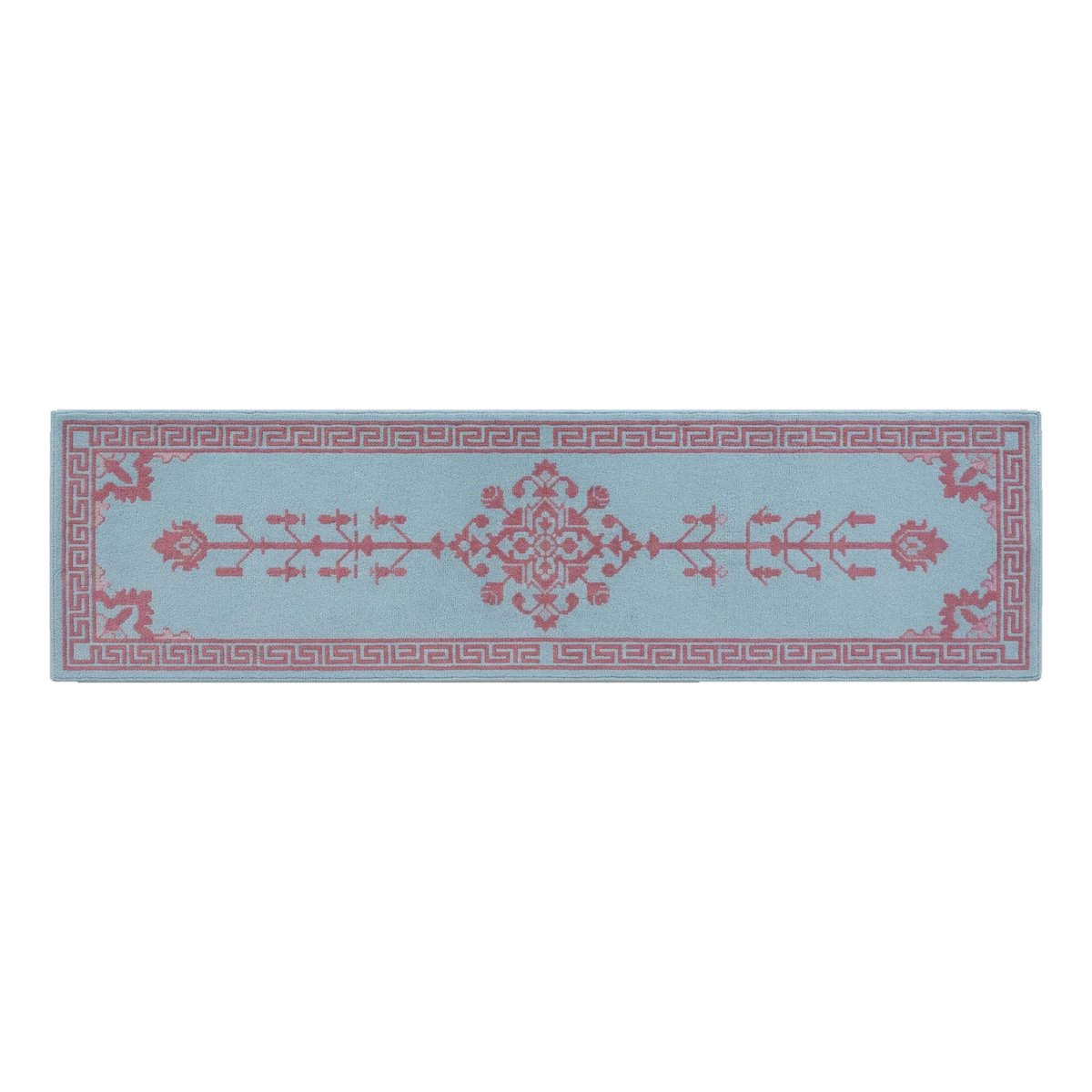 Powder Blue Tree of Life Hand-Tufted Runner with Rose Fret Border - alternate view