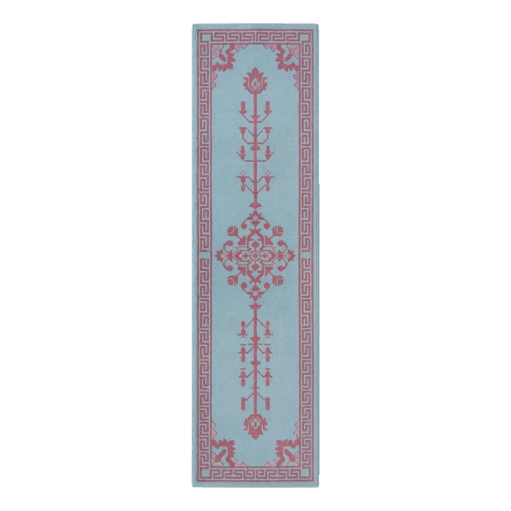 Powder Blue Tree of Life Hand-Tufted Runner with Rose Fret Border