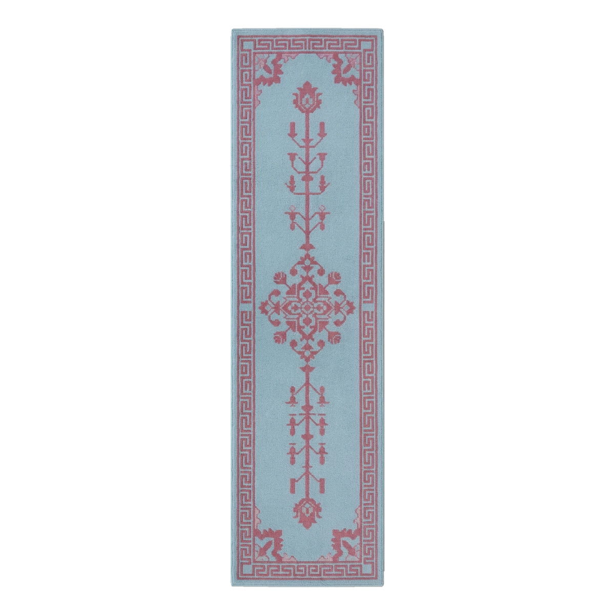 Powder Blue Tree of Life Hand-Tufted Runner with Rose Fret Border