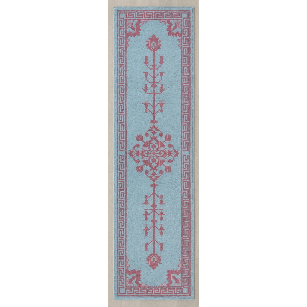 Powder Blue Tree of Life Hand-Tufted Runner with Rose Fret Border - studio photo