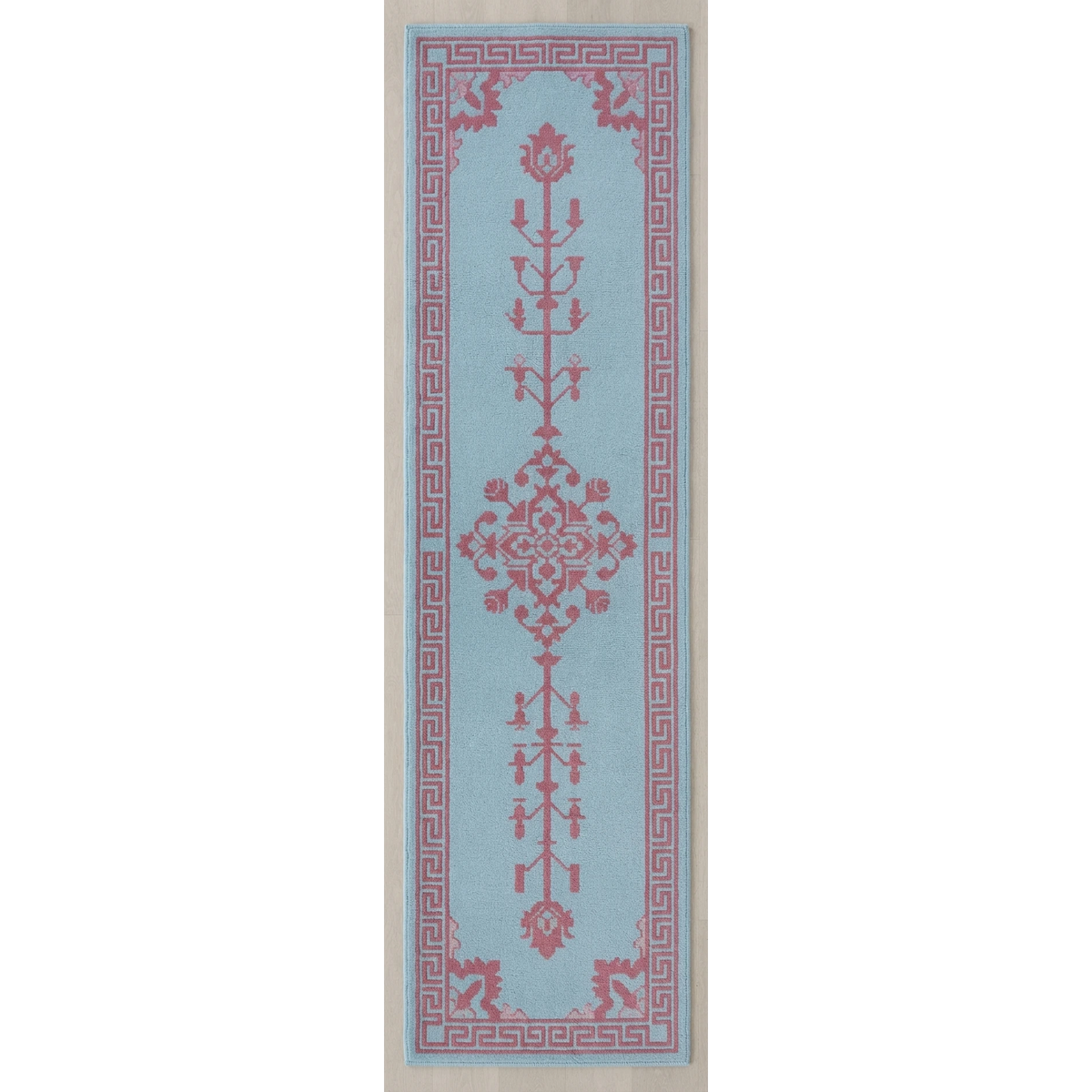 Powder Blue Tree of Life Hand-Tufted Runner with Rose Fret Border - studio photo