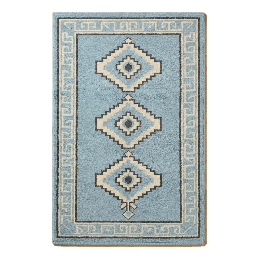 Powder Blue Tribal Diamond Hand-Tufted Rug with Charcoal Greek Key Border