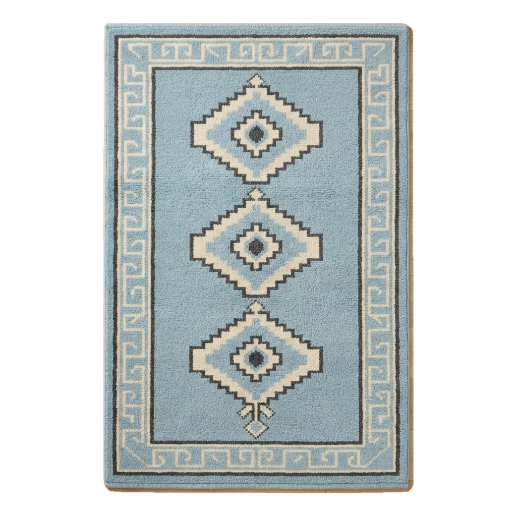Powder Blue Tribal Diamond Hand-Tufted Rug with Charcoal Greek Key Border