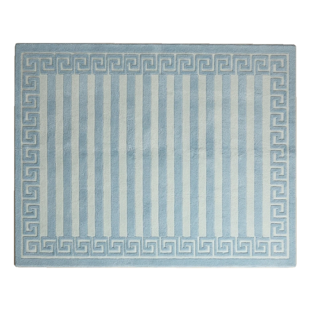 Powder Blue and Ivory Striped Hand-Tufted Rug with Greek Key Border - alternate view