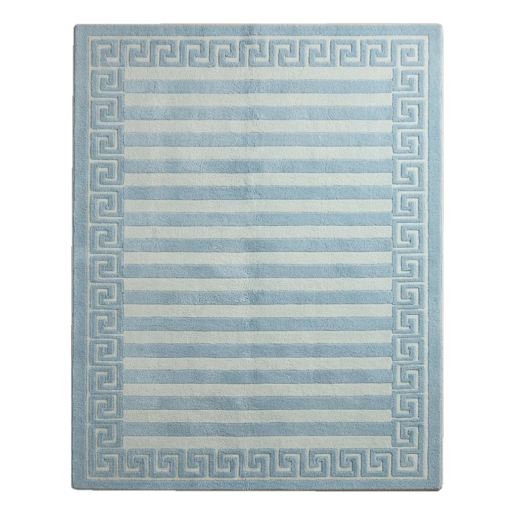 Powder Blue and Ivory Striped Hand-Tufted Rug with Greek Key Border