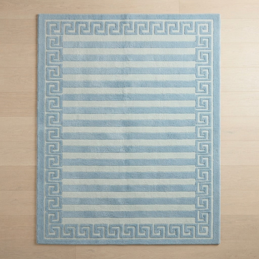 Powder Blue and Ivory Striped Hand-Tufted Rug with Greek Key Border - studio photo