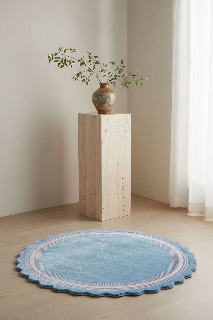 A round light blue rug with a scalloped edge and pink and white decorative borders, styled on a light wood floor in a minimalist room corner with a wooden pedestal holding a small vase.