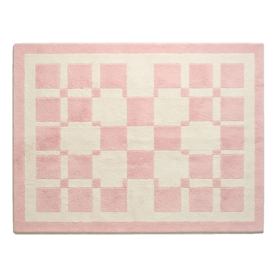 Rose Pink and Cream Checkerboard Hand-Tufted Rug with Cream Border - alternate view
