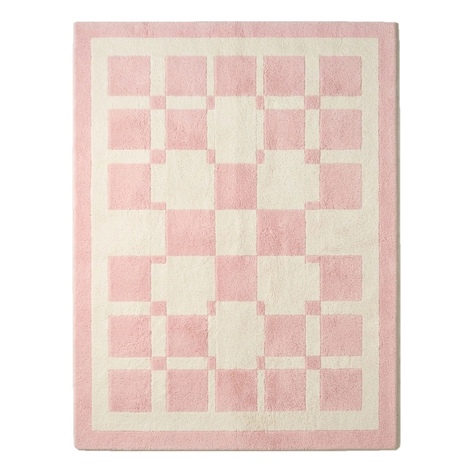 Rose Pink and Cream Checkerboard Hand-Tufted Rug with Cream Border
