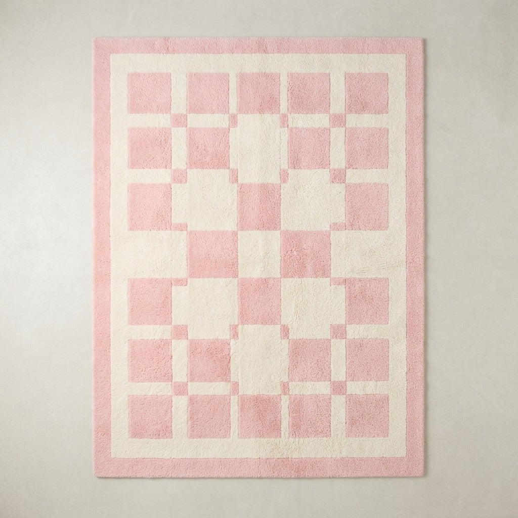 Rose Pink and Cream Checkerboard Hand-Tufted Rug with Cream Border - studio photo