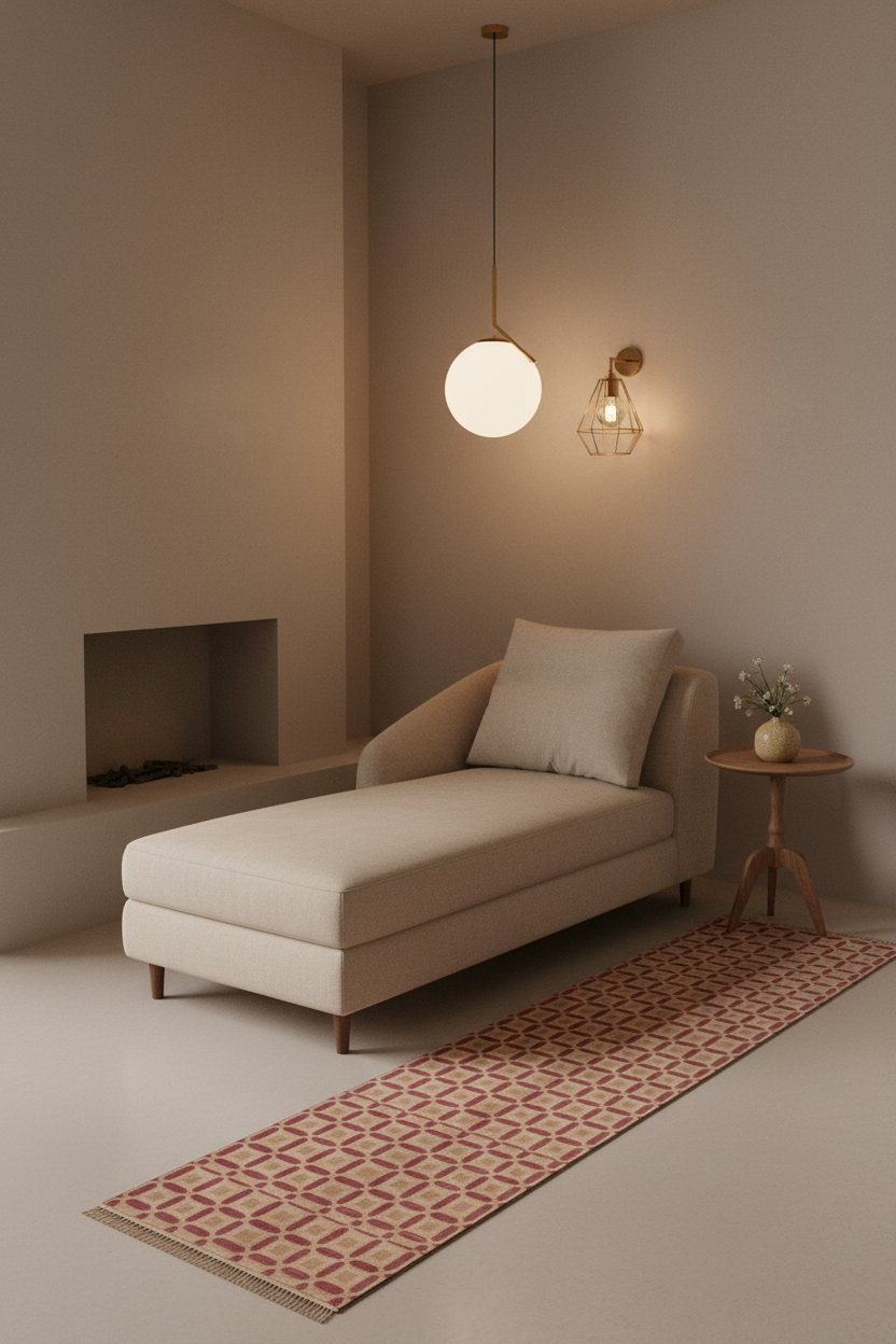 A modern beige chaise lounge with a matching pillow in a minimalist, warm-toned living room setting, styled with a geometric patterned runner rug, a small wooden side table, and a spherical pendant light.
