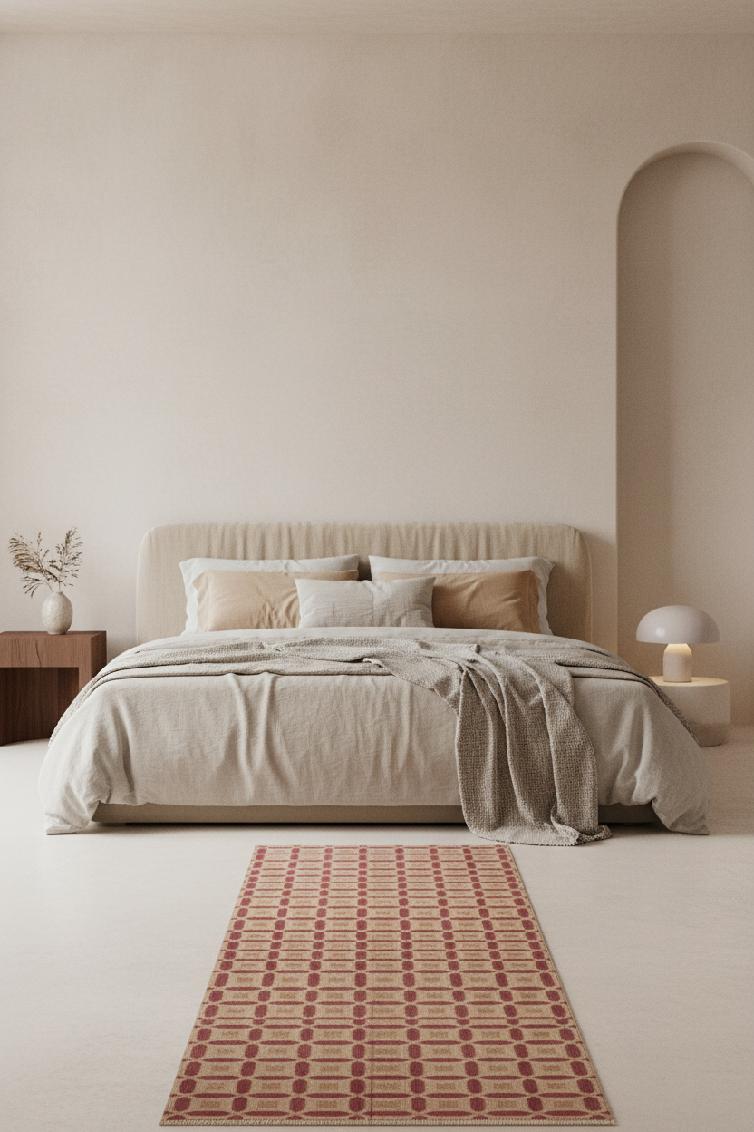 A minimalist bedroom scene featuring a neatly made bed with beige linens and pillows, a textured gray throw blanket, a patterned runner rug in the foreground, and a softly lit neutral-toned room.