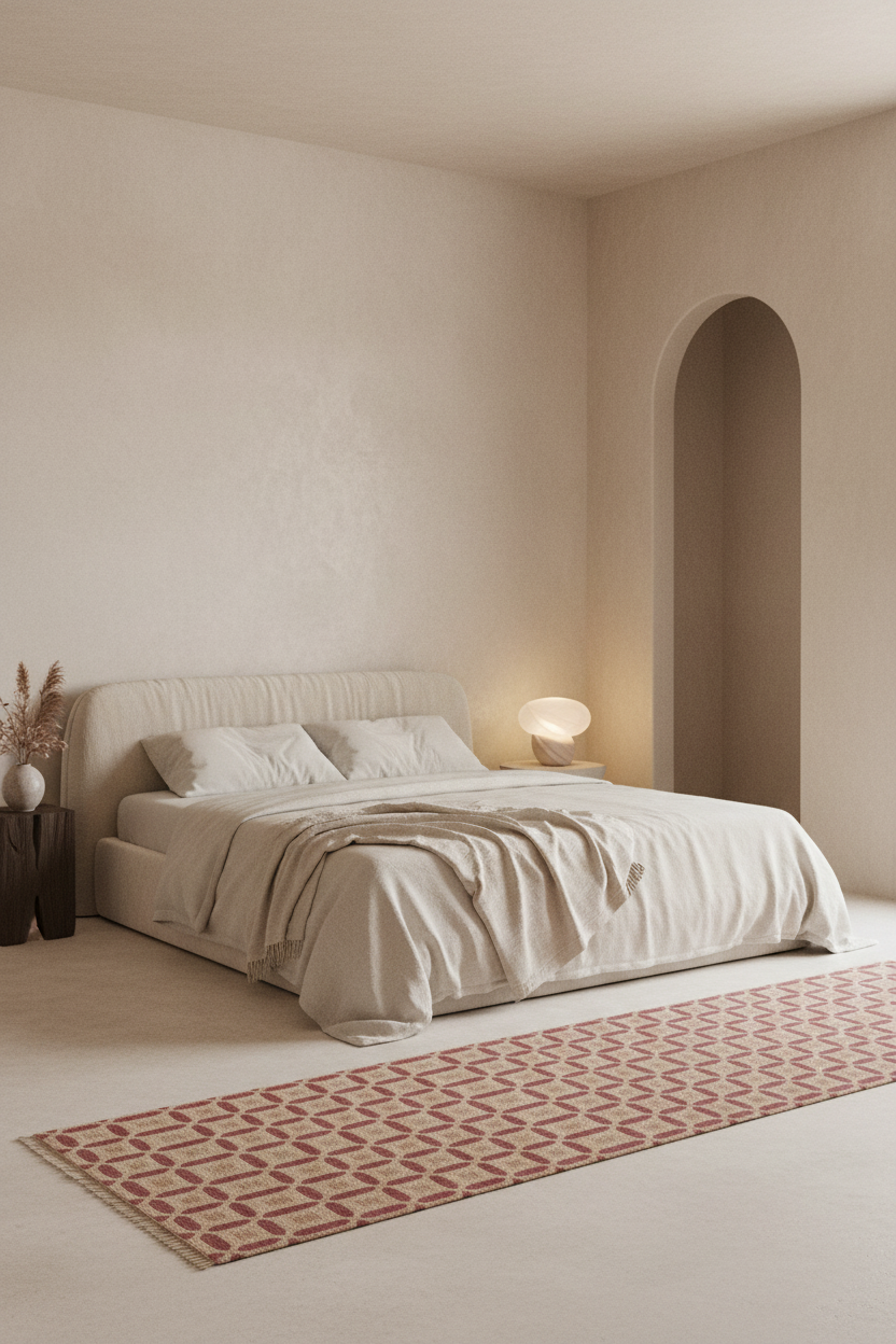 A minimalist bedroom scene featuring a low-profile platform bed dressed in neutral beige and white linens, set against warm beige plaster walls with a textured archway detail. A patterned runner rug in terracotta and beige lies at the foot of the bed, and a small table lamp glows on the bedside surface.