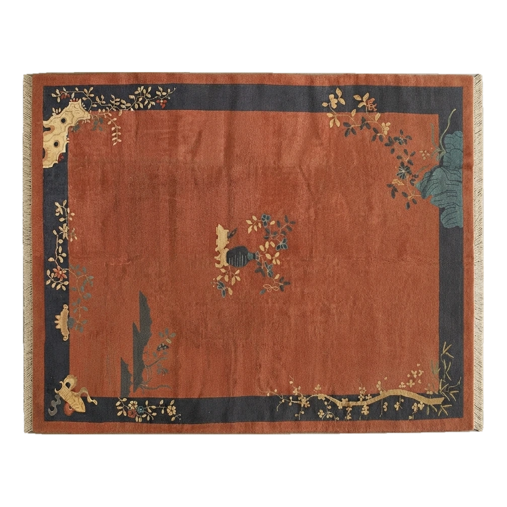Rust Chinese Art Deco Hand-Knotted Rug with Navy Landscape Border - alternate view