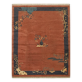 Rust Chinese Art Deco Hand-Knotted Rug with Navy Landscape Border