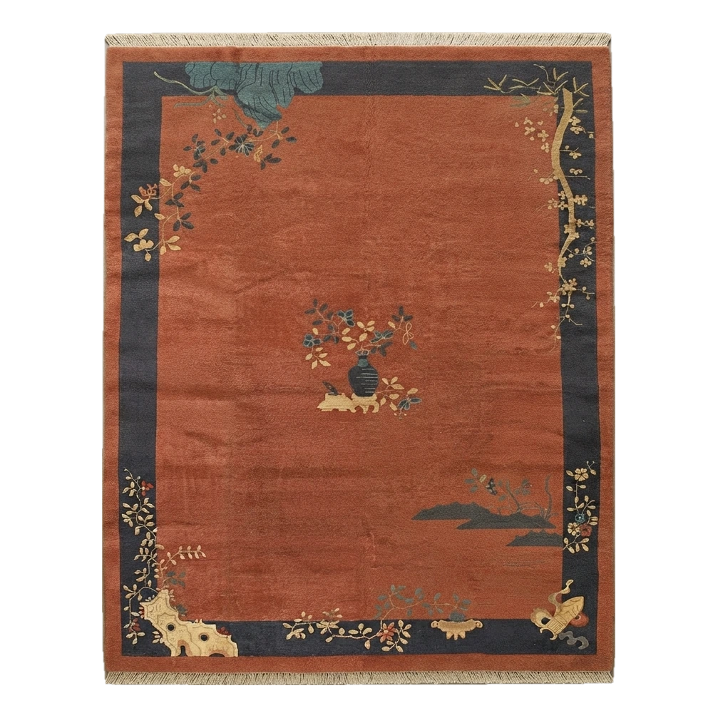 Rust Chinese Art Deco Hand-Knotted Rug with Navy Landscape Border