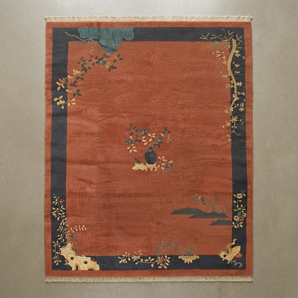 Rust Chinese Art Deco Hand-Knotted Rug with Navy Landscape Border - studio photo