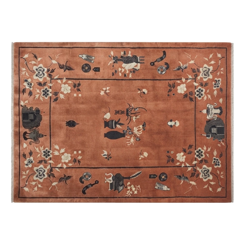 Rust Chinese Art Deco Hand-Knotted Rug with Vase and Blossom Motifs - alternate view