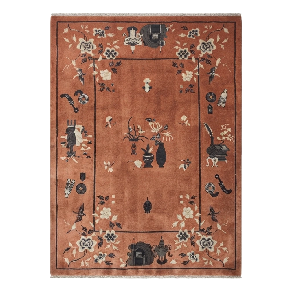 Rust Chinese Art Deco Hand-Knotted Rug with Vase and Blossom Motifs