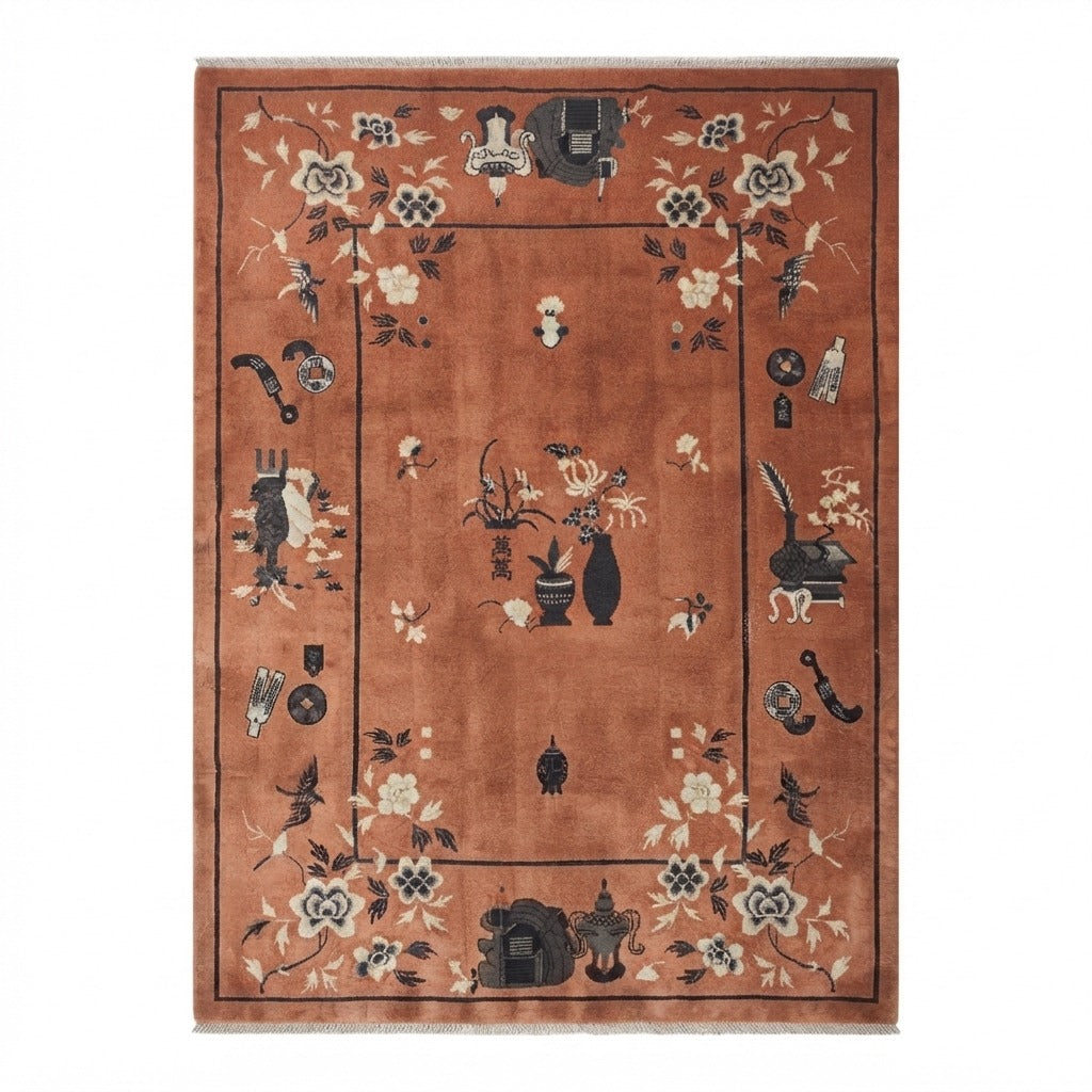 Rust Chinese Art Deco Hand-Knotted Rug with Vase and Blossom Motifs - studio photo