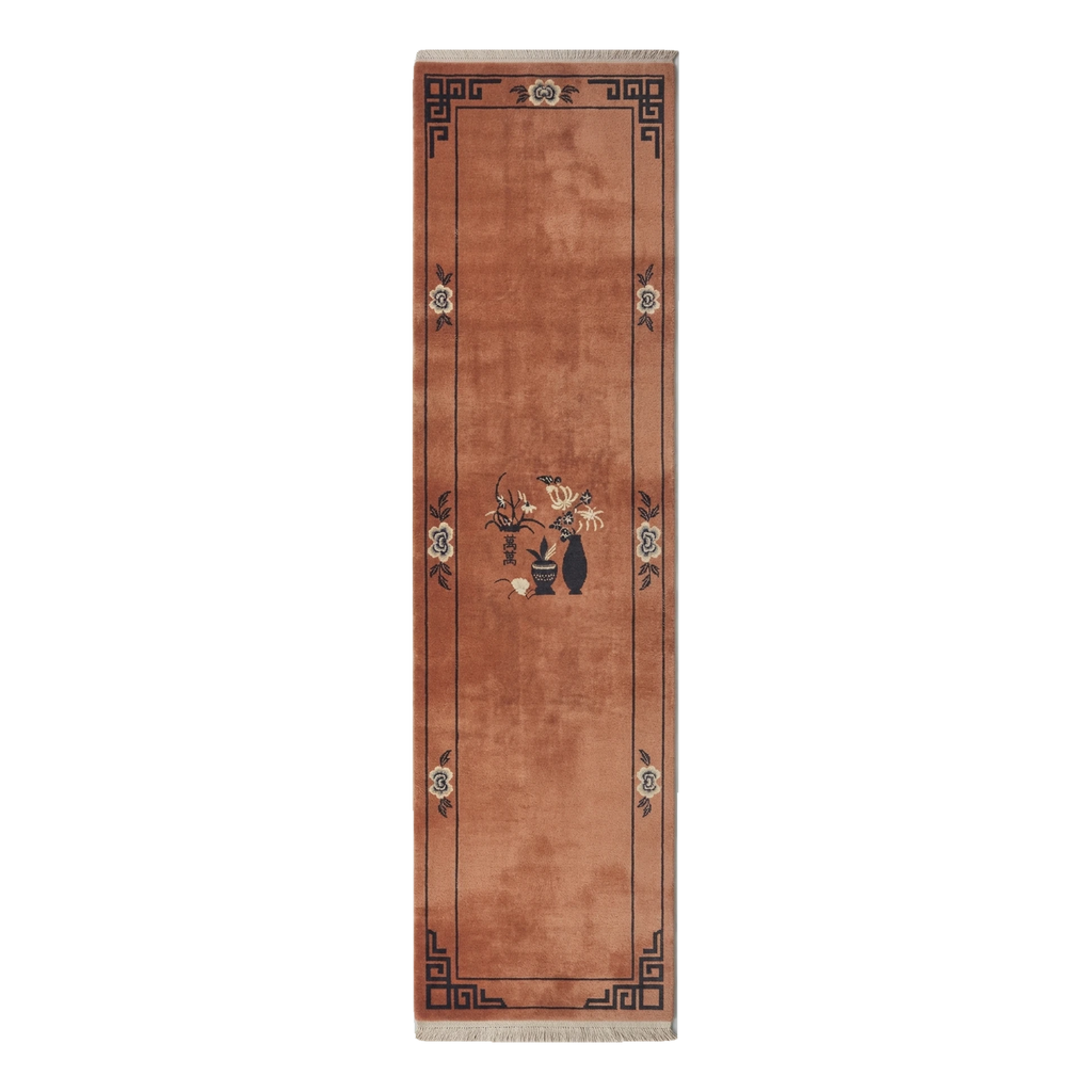 Rust Chinese Art Deco Hand-Knotted Runner with Charcoal Vase