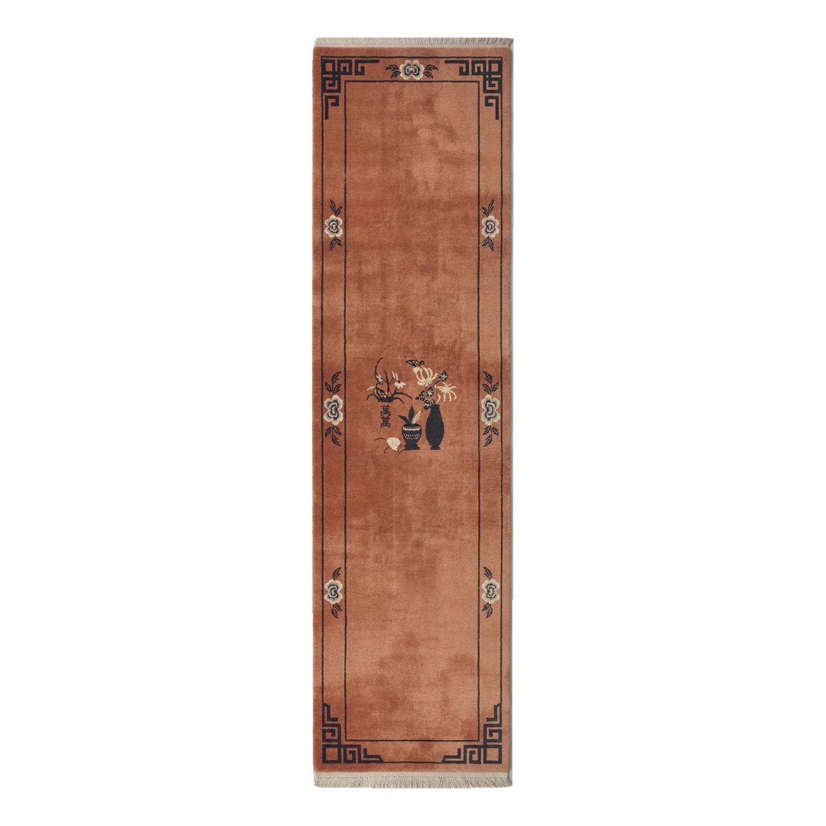 Rust Chinese Art Deco Hand-Knotted Runner with Charcoal Vase