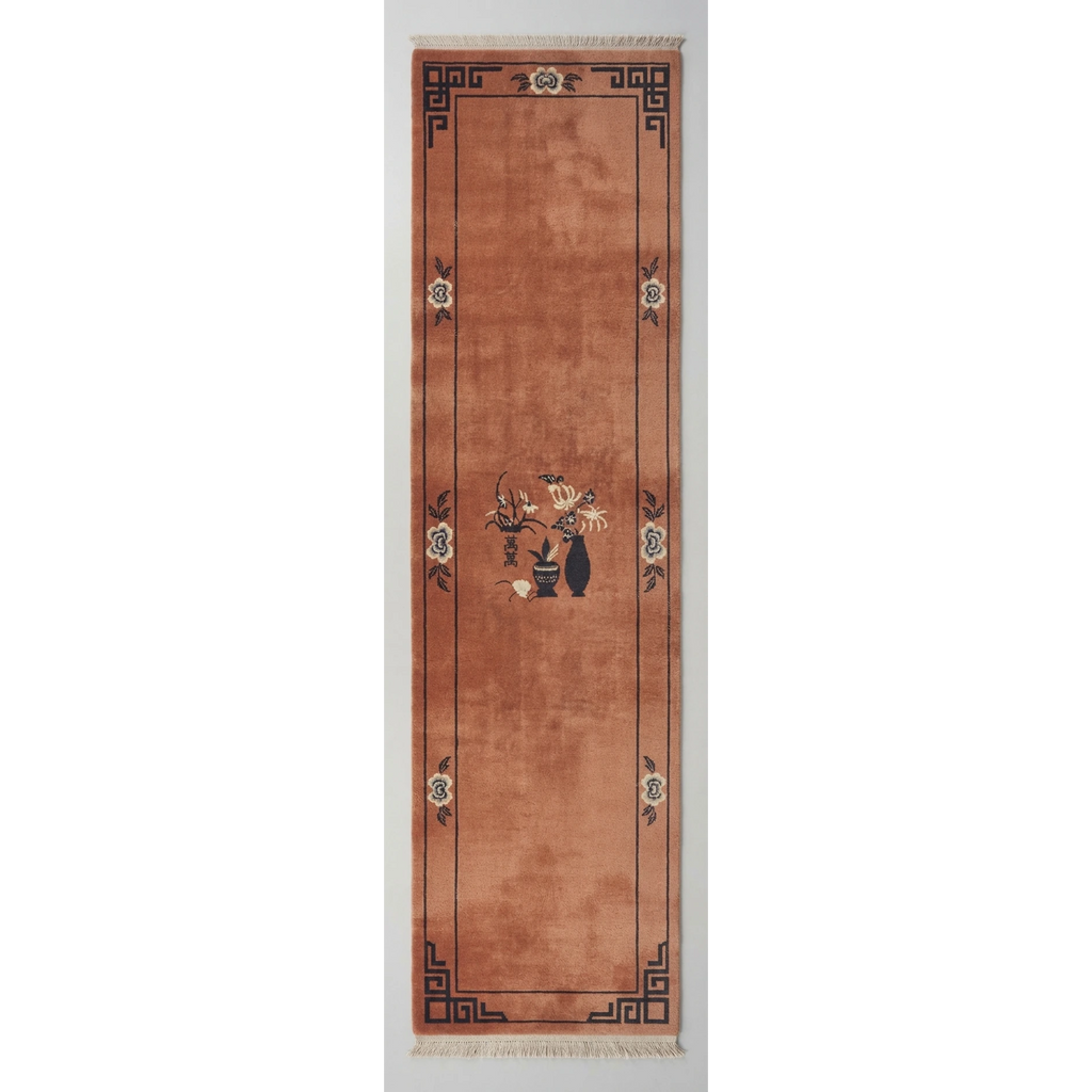 Rust Chinese Art Deco Hand-Knotted Runner with Charcoal Vase - studio photo