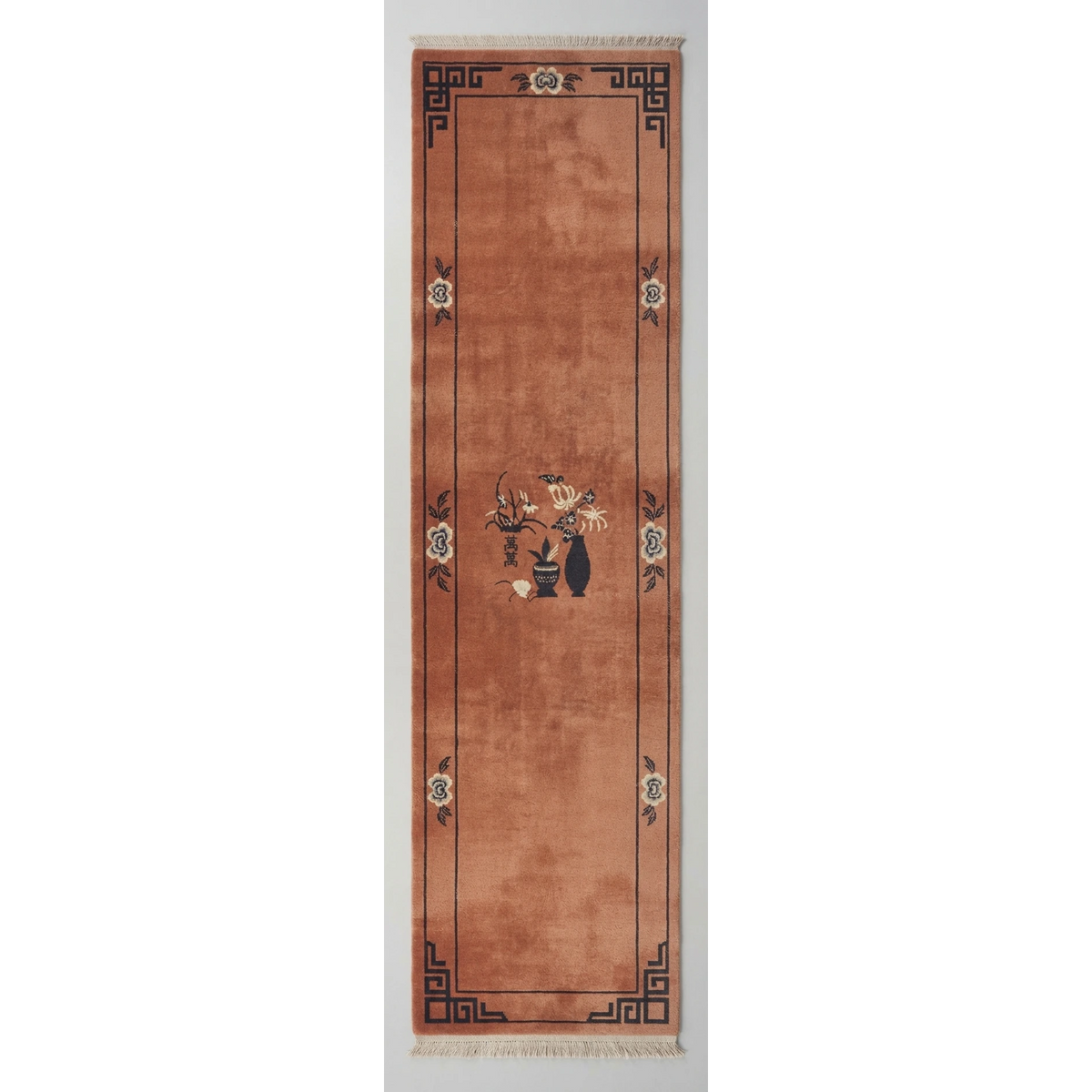 Rust Chinese Art Deco Hand-Knotted Runner with Charcoal Vase - studio photo