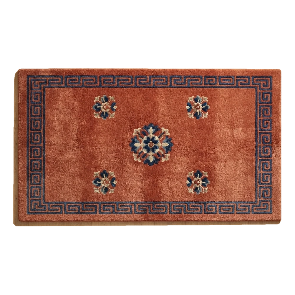 Rust Chinese Art Deco Hand-Tufted Runner with Navy Greek Key Border - alternate view