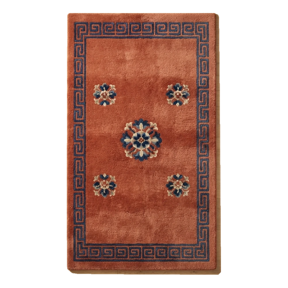 Rust Chinese Art Deco Hand-Tufted Runner with Navy Greek Key Border
