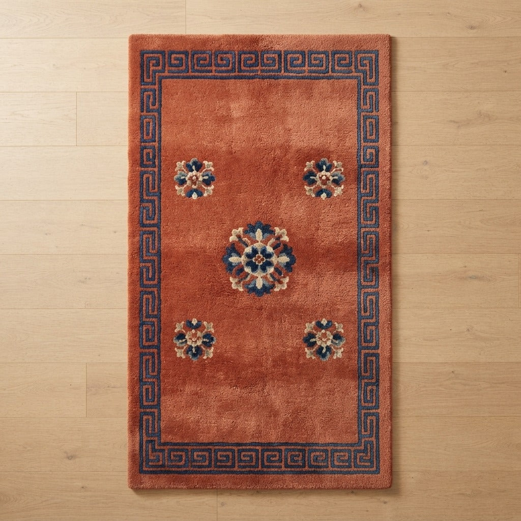 Rust Chinese Art Deco Hand-Tufted Runner with Navy Greek Key Border - studio photo