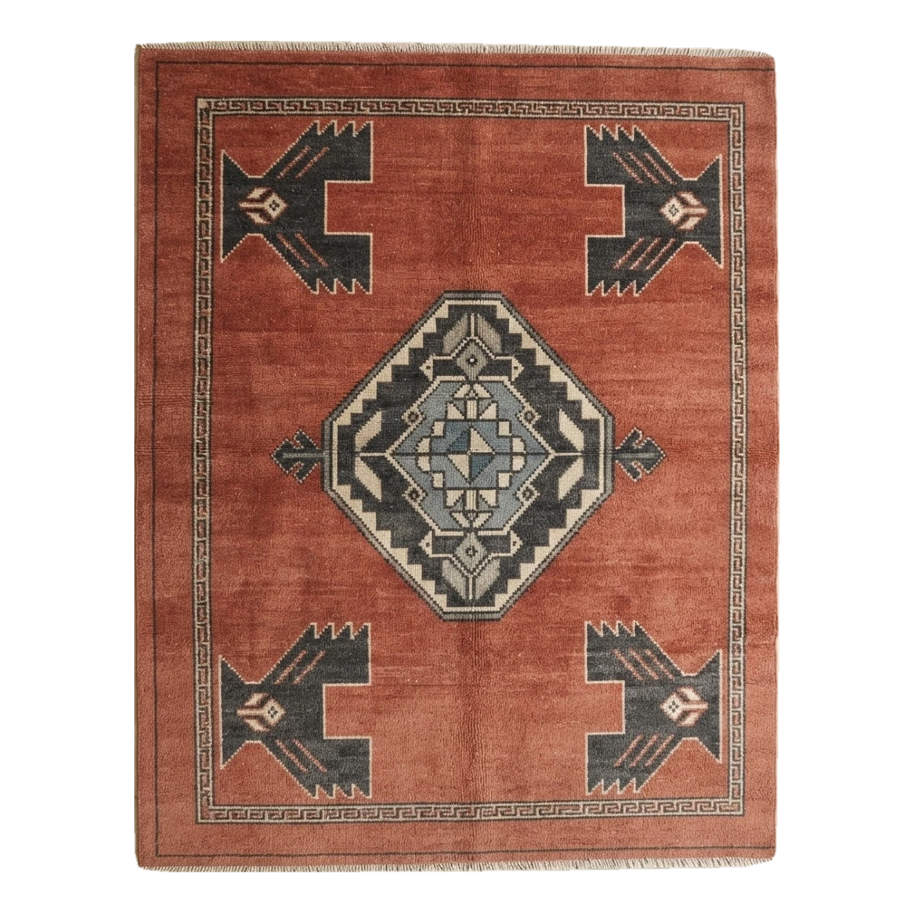 Rust Hand-Knotted Rug with Charcoal Tribal Diamond Medallion - alternate view