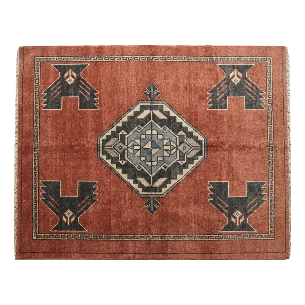 Rust Hand-Knotted Rug with Charcoal Tribal Diamond Medallion