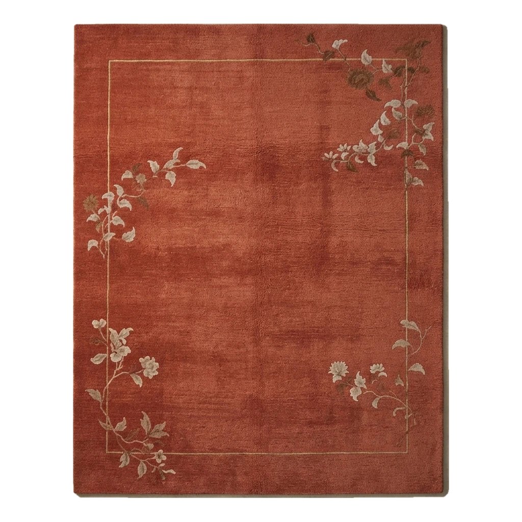 Rust Hand-Knotted Rug with Floral Vine Corner Sprays