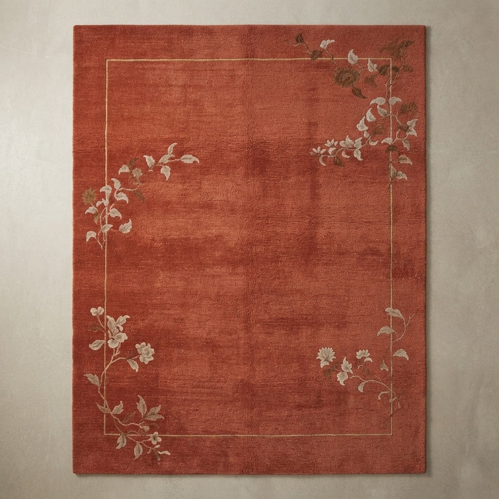 Rust Hand-Knotted Rug with Floral Vine Corner Sprays - studio photo