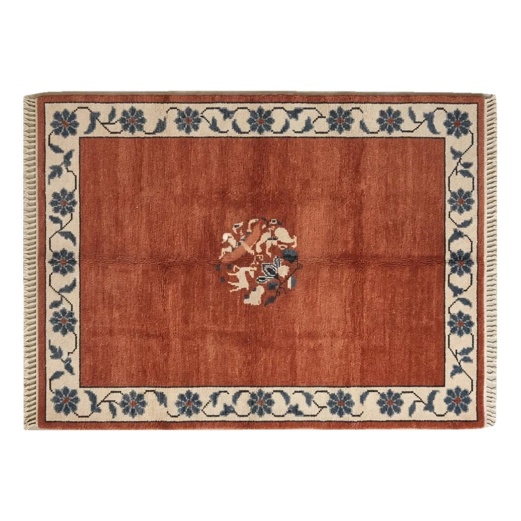 Rust Hand-Knotted Rug with Ivory Floral Vine Border and Roundel - alternate view